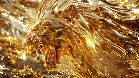 Golden wavy liquid metal lion head closeupの素材