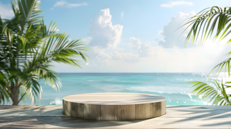 Wooden round podium on the beachの素材