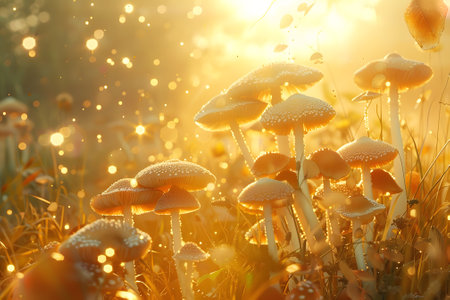 Mushrooms in meadow autumn sunlightの素材