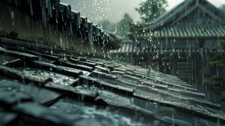 Rain drops on the roof of Japanese temple in the rainの素材