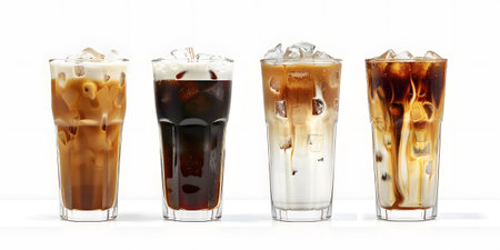 Iced coffee in a glass with ice cubes on white backgroundの素材