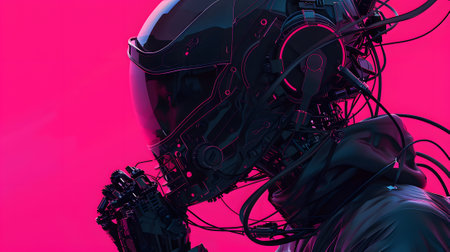Futuristic cyborg with cable wires on neon pink backgroundの素材