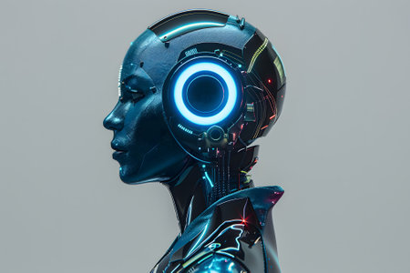 Side view humanoid robot with blue light on head isolated on greyの素材