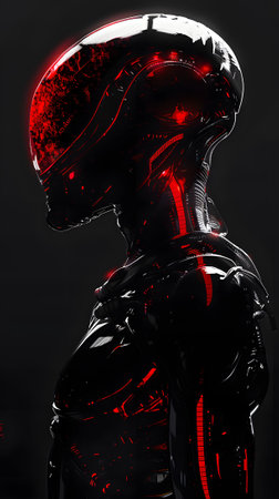 Side view robot silhouette with red neon lights on black backgroundの素材