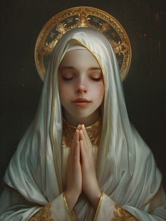 Young beautiful woman in the image of the holy mother of godの素材