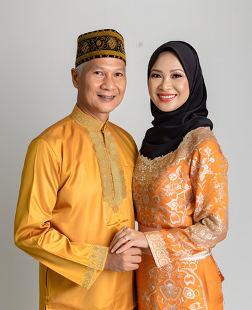 Asian muslim couple wearing yellow traditional clothes and smiling at the cameraの素材