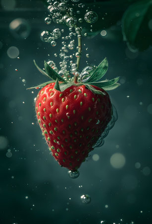 Strawberry falling into the water with bubbles on dark backgroundの素材