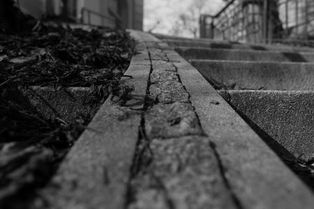Gray granite cubes near the stairsの写真素材