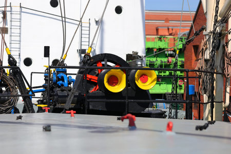 Colorful engine elements on a ship deck