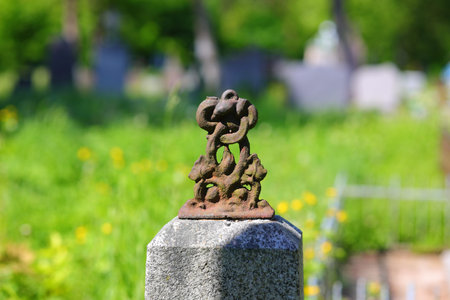 Rusty metal element on a green background
