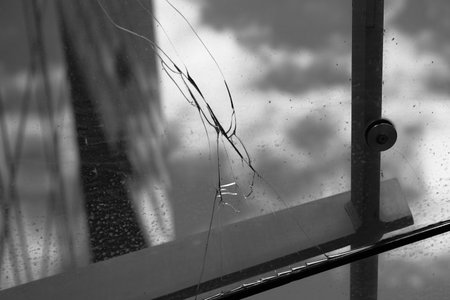 Broken glass on the roof against the gray skyの写真素材