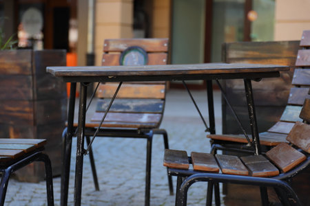 A chairs and the table made of metal and woodの写真素材