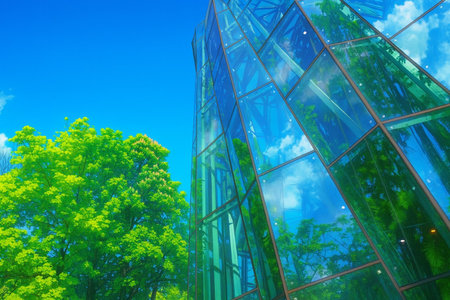 A tree and its reflection in a glass structureの素材