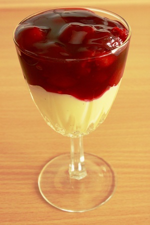 Vanilla pudding with cherry jellyの写真素材