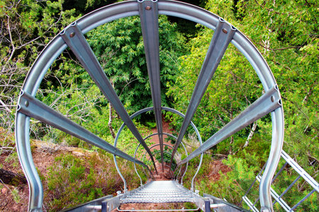 Metal stairs in the forest. The concept of travel and tourism.の写真素材
