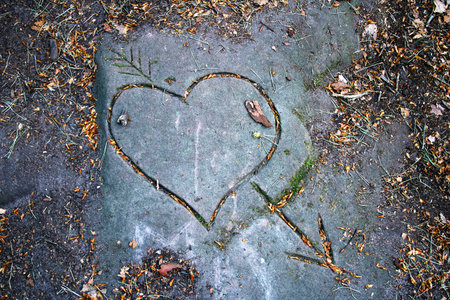 Heart carved in stone on the ground in autumn park. Toned.