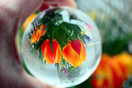 Colorful tulips in the glass ball. Selective focus.