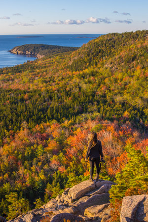 Epic Female Hiker Black Shirt Stands on Rock Edge in Acadia National Park Sunrise Beehive Trail Wide Landscape During Fall Foliage in Maine Bright Sunの写真素材
