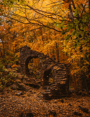 Madame Sherri Castle Ruins Autumn Magical Fantasy New Hampshire. Abandoned Historic Stone Staircase in Forest New England. Colorful Fall Foliageの写真素材