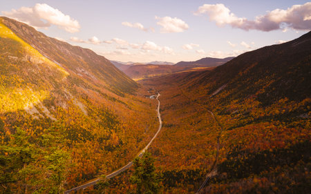 Epic Wide Autumn Sunset Scene Mount Willard New Hampshire Landscape Views. Mountain Valley Road...