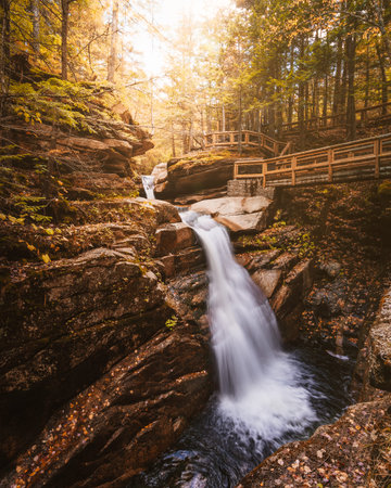 Autumn Fall Foliage Waterfall Sabbaday Falls New Hampshire White Mountain National Forest. Smooth...