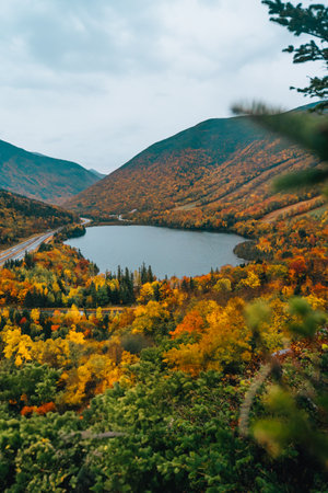 Moody Fall Vibes. Epic View From Artist Bluff Trail New Hampshire Beautiful Foliage Autumn Scenery Lake Wide Colorful Trees Forest.の写真素材