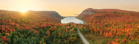 Epic Aerial Panorama New England Autumn Lake Willoughby at Sunrise. Colorful Fall Foliage Sun Rising...