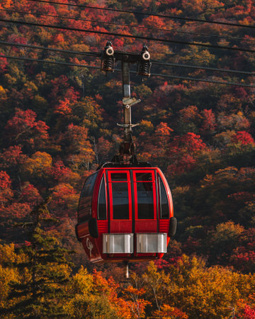 Autumn Stowe Vermont Gondola Sky Ride Mt. Mansfield Fall Foliage Red Cable Car Transportation Ski Lift Close Up Against Mountain Forest of Treesの写真素材