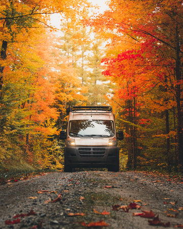 Epic Camper Van Drives Dirt Road in Enchanted Autumn Forest Bursting with Fall Foliage Colors in New...