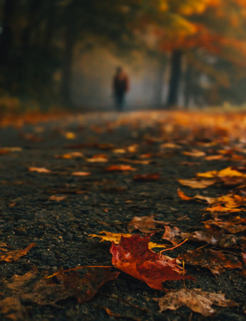 Beautiful Autumn Forest Road Leaf in Foreground Shallow Focus Woman Walks Moody New England Vermont...