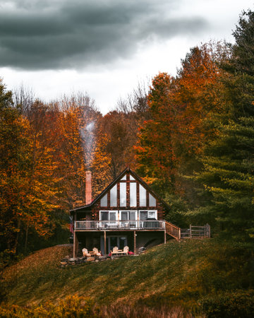 Forest Cabin in Autumn in New England. Smoke From Chimney. Fall Foliage Trees Remote Get Away Off the Grid Forest Camping Vacation Holiday USA Cloudsの写真素材
