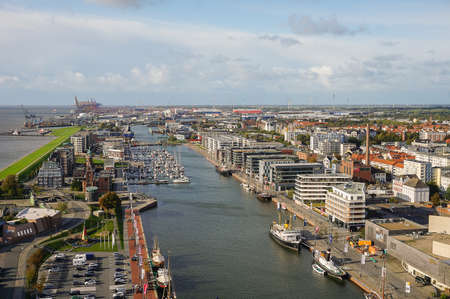 A view of a habour at observation deck Sail City, Bremerhavenのeditorial素材