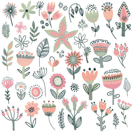 Vector collection of fancy flowers. Scandinavian motives. Hand drawn doodle style.のイラスト素材