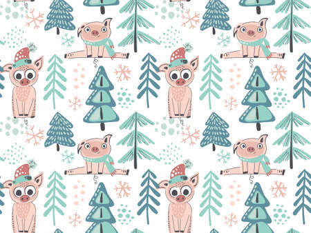 Vector seamless pattern with cute piglets in winter forest. Hand drawn endless background.のイラスト素材