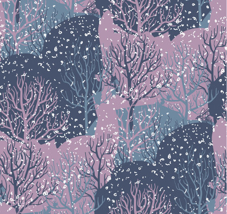 Vector seamless pattern with winter forest, abstract texture and snowflakes.