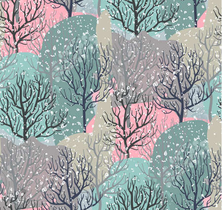 Vector seamless pattern with winter forest, abstract texture and snowflakes.のイラスト素材