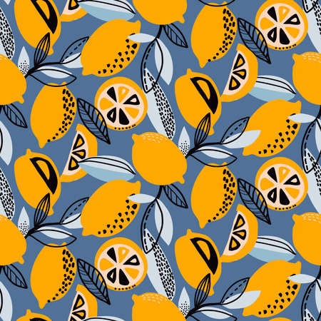 Vector seamless pattern with yellow lemons, branches, absdtact textures. Fruit repeated background. Colorful endless print for fabric or paper.のイラスト素材