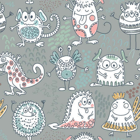 Colorful vector seamless pattern with funny monsters. Cute endless backgroundのイラスト素材