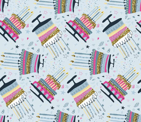 Vector seamless pattern with fireworks, confetti, birthday cake and candles. Holiday endless backgroundのイラスト素材