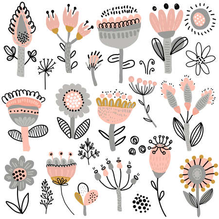 Vector collection of fancy flowers. Scandinavian motives. Hand drawn doodle style.のイラスト素材