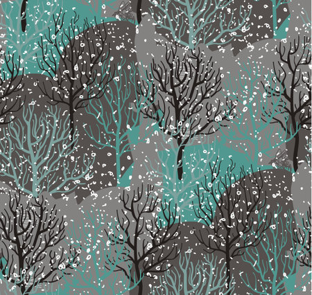 Vector seamless pattern with winter forest, abstract texture and snowflakes.