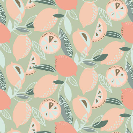 Vector seamless pattern with lemons, branches, absdtact textures. Fruit repeated background. Colorful endless print for fabric or paper.のイラスト素材