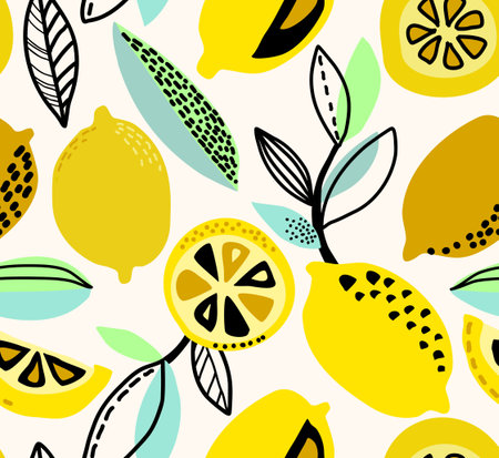 Vector seamless pattern with yellow lemons, branches, absdtact textures. Fruit repeated background. Colorful endless print for fabric or paper.のイラスト素材