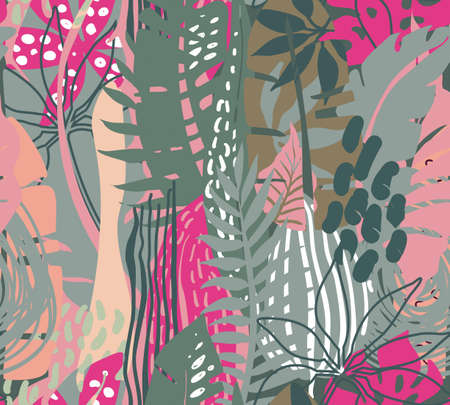 Vector seamless pattern with tropical plants and hand drawn abstract textures. Colorful endless backgroundのイラスト素材
