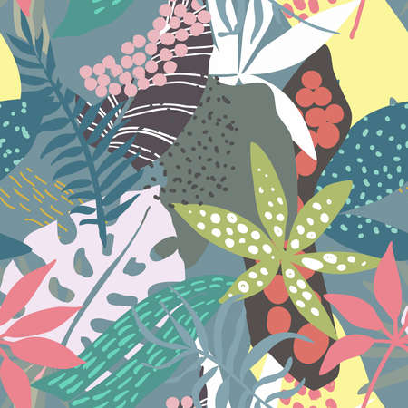 Vector seamless pattern with tropical plants and hand drawn abstract textures. Colorful endless backgroundのイラスト素材
