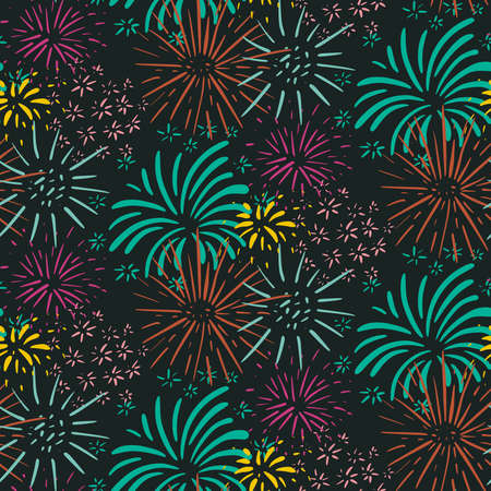 Seamless pattern with hand drawn fireworks. Colorful holiday vector endless background.のイラスト素材