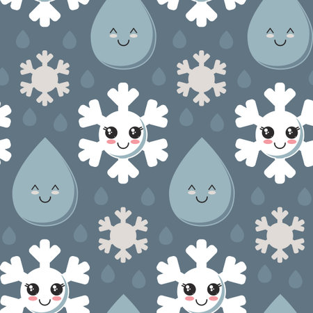 Vector seamless pattern with cute smiling snowflake, rain drop faces. Endless background for child...