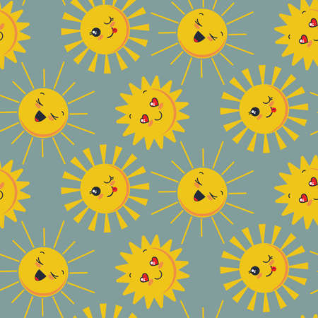 Vector seamless pattern with cute smiling sun faces. Endless background for child designのイラスト素材