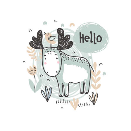 Vector ilustration of cute hand drawn moose in the forest and text hello for cards, textile, paper, invitations, baby shower, preschool and children room decorationのイラスト素材