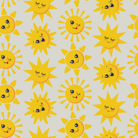 Vector seamless pattern with cute smiling sun faces. Endless background for child design